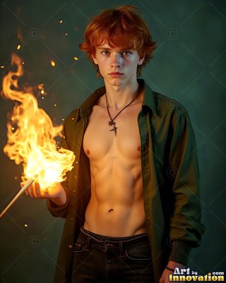 Holding a flaming wand, a bare-chested red-haired man wears an open green shirt