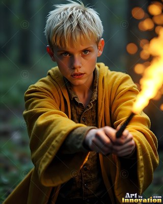 Young blond man in a yellow robe points a fire wand