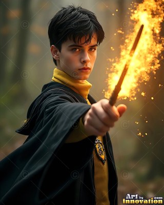 A yellow turtleneck collar peeks out as a young man aims a flaming wand in the woods