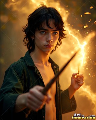 A youthful man aims a wand forward by bright golden lightning sparks