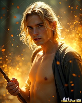 Turned slightly in a golden forest, a man with blond hair holds a wand in an open robe
