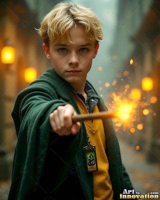A young blond man points a wand sparking yellow fire down a dim street