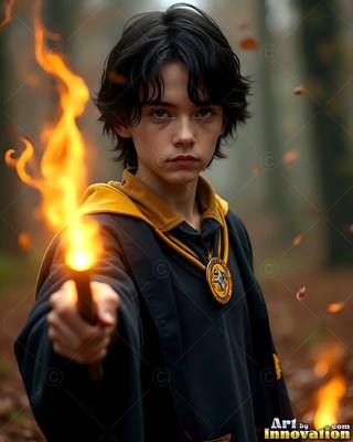 In a dim forest, a man points a wand with a bright flame on its tip