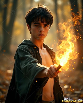 Holding a burning wand, a younger man in an open dark green robe stands in autumn woods