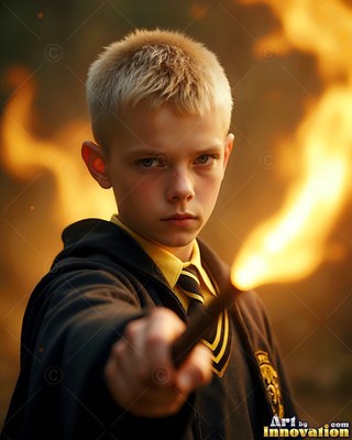 Young fair-haired man in school robes points a flaming wand forward