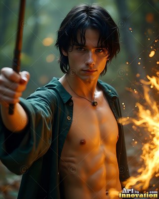 An open green shirt covers a bare-chested man pointing a wand in a dim forest with sparks