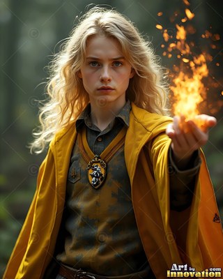 A man with long blond hair holds fire in his hand in a bright yellow cloak