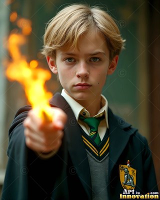 Facing forward in a hallway, a young man points a wand tipped with yellow flame