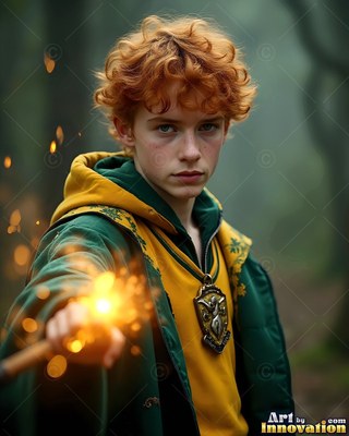 A red-haired young man in a green coat points a sparking wand outside