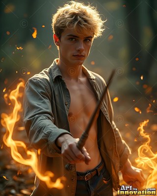 In a sunlit forest, a blond young man in an open shirt points a wooden wand through flames