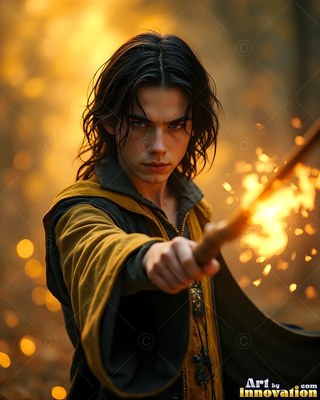 Aiming a flaming wooden staff, a young man wears dark gold robes in a warm forest