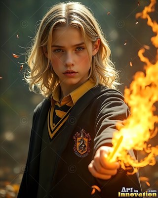 Blond young man in a dark robe holding a flaming wand