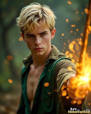 Blond hair falls over a young man's forehead as he points a wand in a dark forest