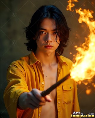 A young man holds a fiery wand forward, with warm yellow light on his open shirt