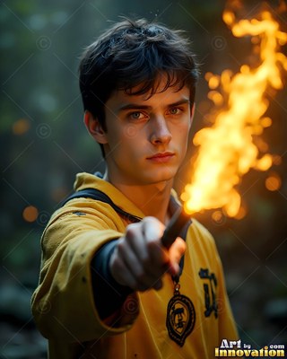 Facing forward in the dark woods, a youthful man points a wand tipped with fire