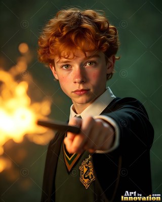 A young redheaded man in school robes points a wand with yellow light behind him