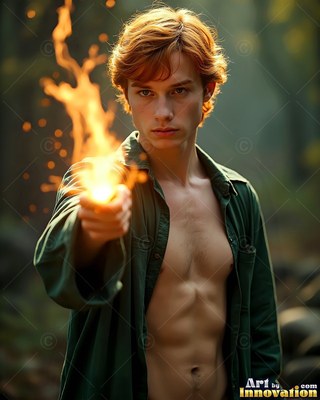 In a dim forest, a shirtless young man shoots bright orange flame from his hand