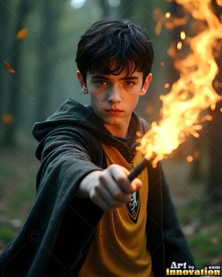 A younger man in a dark cloak points a flaming wand