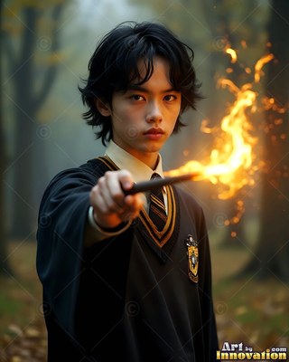 Wearing a striped gold tie in misty woods, a youthful man points a wand tipped with fire