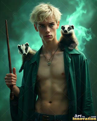 Facing forward in green smoke, a young man carries a wand as badgers rest on his shoulders
