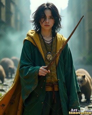 A man in his youth in a green hooded robe holds a wooden wand outside