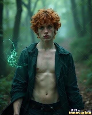 In a misty forest, a red-haired man in an open green coat watches green sparks