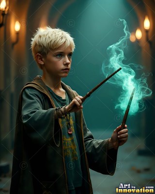 Young blond man holds wands casting green smoke in a hall