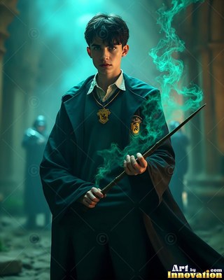 A gold badge pins the dark robes of a young man casting green smoke from a wand in a hall