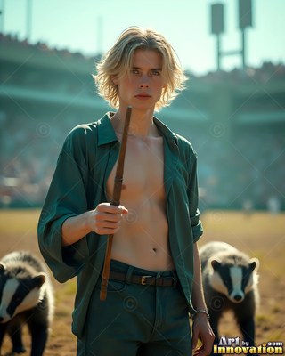 A blond man in an open green shirt holds a wand beside two badgers in warm sunlight