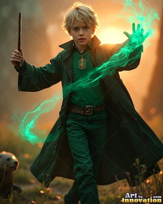 Walking forward in a field, a man in his youth in a green coat casts magic