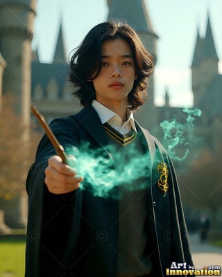 A man in his youth in black robes points a wooden wand that casts green smoke outside a castle