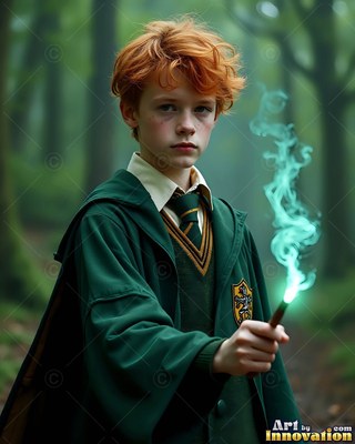 In a misty forest, a youthful man with red hair holds a wand trailing green smoke