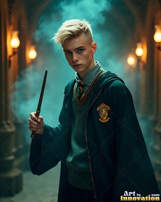 Holding a slender wand, a young blond-haired man stands in green robes in a smoky corridor