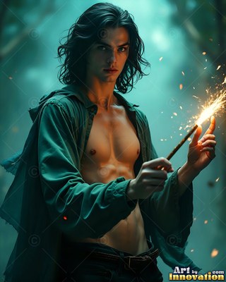 A younger man carries a sparking wand in a green shirt