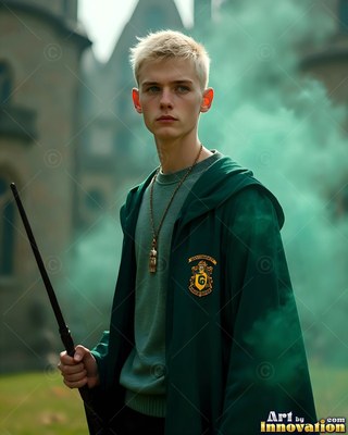 Blond man in his youth in a dark green robe holds a wand outside by swirling green smoke