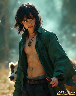 A youthful man stands beside a badger in forest light wearing an open green shirt