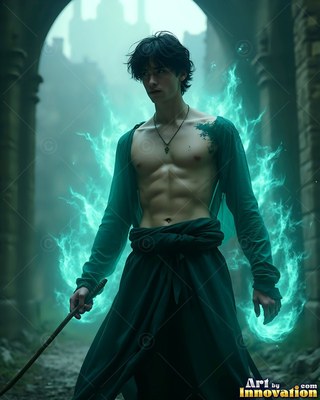 Standing under a stone archway, a shirtless man casts bright cyan magic flames
