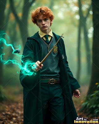 A youthful man in green robes points a wooden wand in a misty forest
