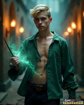 In a dim hallway, a blond-haired man in a torn green shirt holds a wand with green light