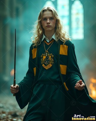 Holding a wand, a young man with blond hair stands in school robes in a stone hall