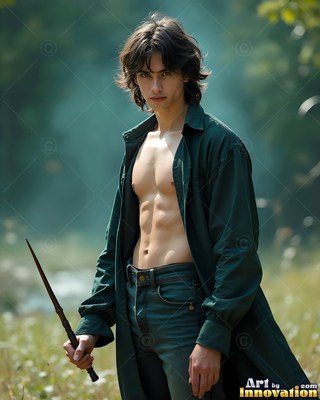 A youthful man with an open green shirt holds a wand outdoors