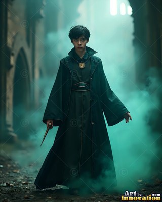 High dark collar on a man in his youth holding a wand in a foggy stone hall