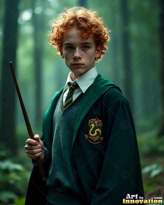 A young redheaded man clasps a wand in a dark green robe surrounded by dim woods