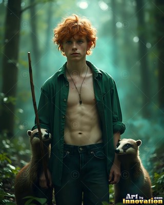 Standing straight in a green forest, a shirtless young man grips a staff with two badgers