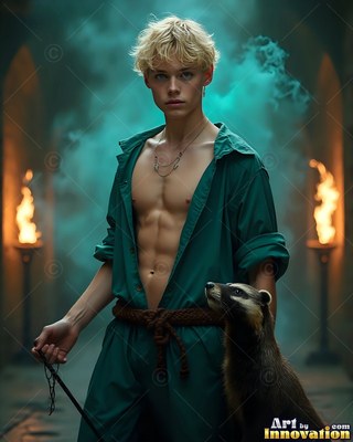 A blond man in an unbuttoned green shirt stands beside a badger in a stone hall