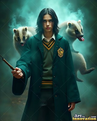 In smoky green light, a youthful man carries a wand flanked by badgers