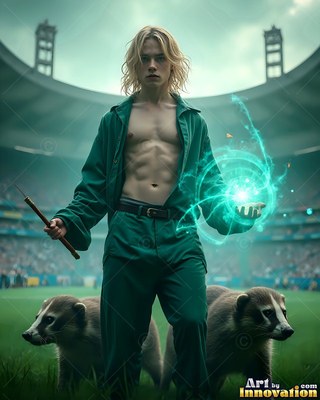 Holding a teal light, an open-shirted man stands between two badgers on a grass field