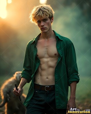 Fair-haired man in an open green shirt holding a wand outdoors