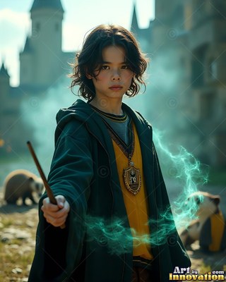 Dark green robes drape on a man casting green smoke outside a stone castle