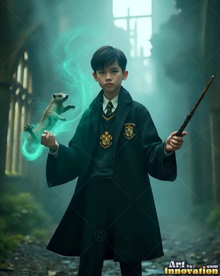 A man in his youth holds a wand and summons a small badger with green smoke around it